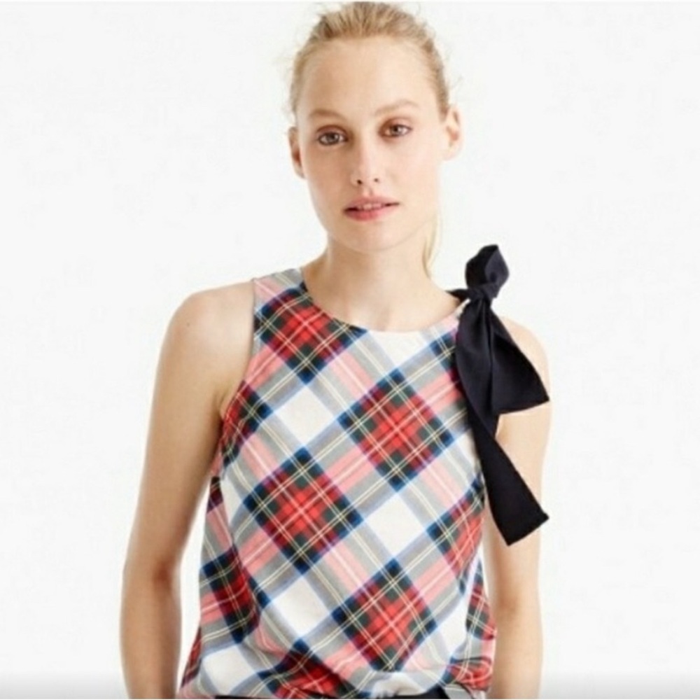 J. Crew Multicolor Plaid Sleeveless Blouse with Black Bow